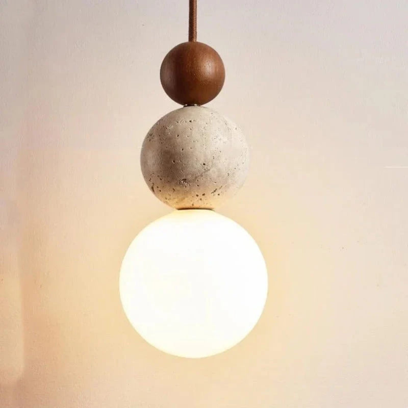 Modern Travertine and Wood Pendant Light for Dining Room in Cream White Walnut — James New York