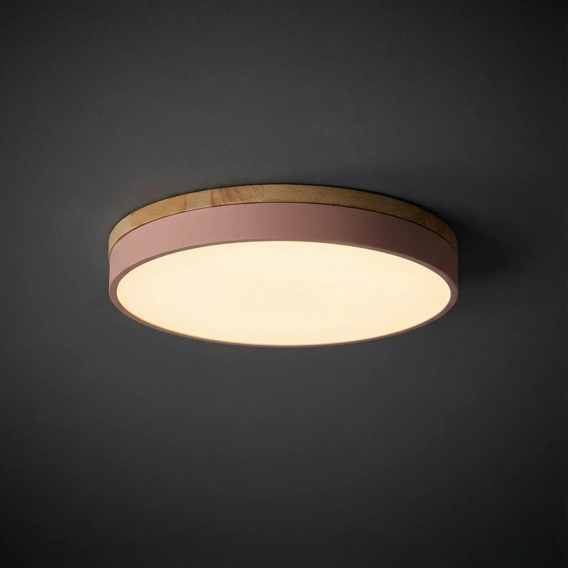 Modern Wood Flush Mount Ceiling Light With Stepless Remote Dimming in Pink — James New York