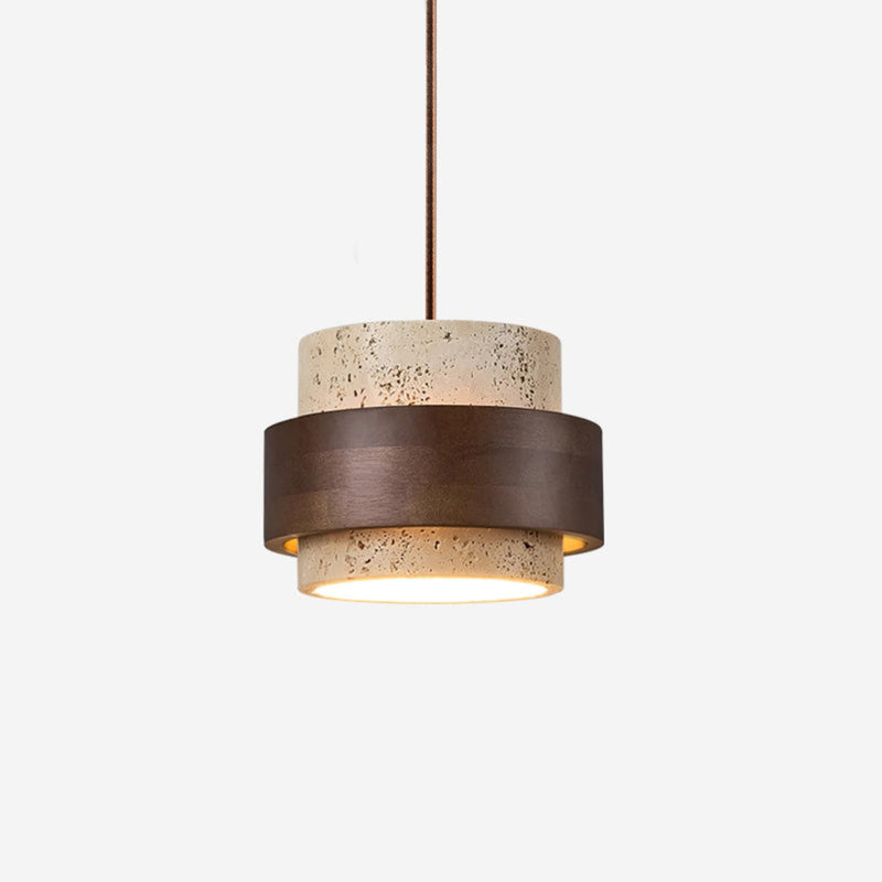 Travertine and Wood Modern Pendant Light With Warm LED Glow in 1 Head - 7" × 5" (17 × 12.5 cm) — James New York