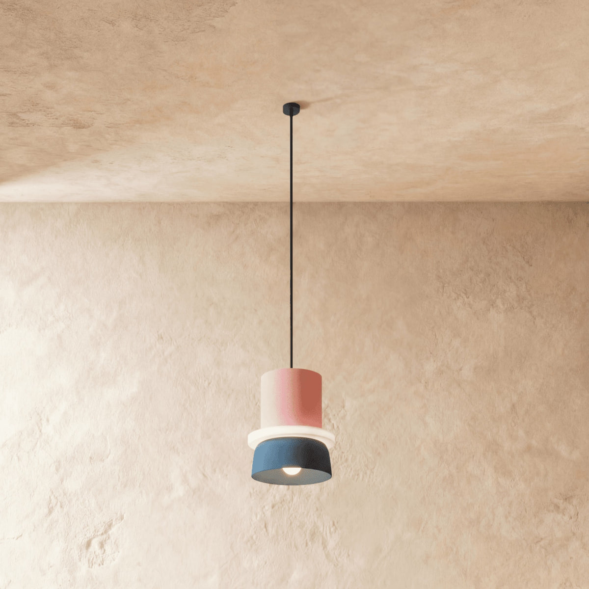 Modern Aluminum Pendant Light With Warm LED Glow for Dining Room in Pink and Navy — James New York