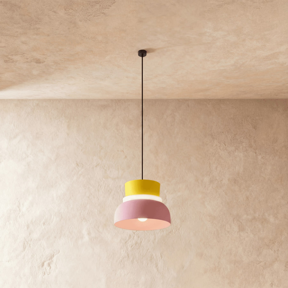 Modern Aluminum Pendant Light With Warm LED Glow for Dining Room in Pink and Yellow — James New York
