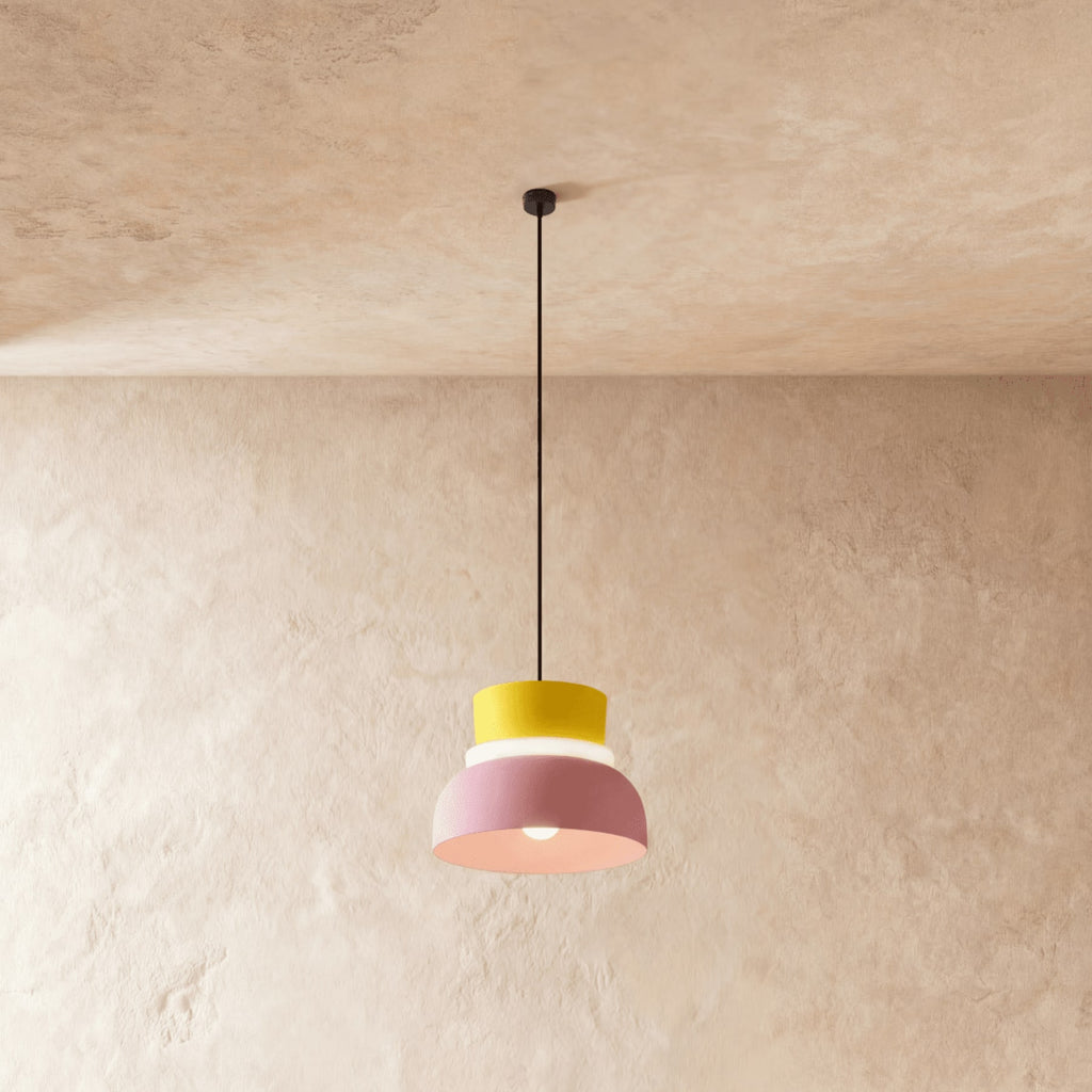 Modern Aluminum Pendant Light With Warm LED Glow for Kitchen in Pink and Yellow — James New York