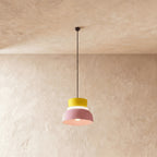 Modern Aluminum Pendant Light With Warm LED Glow for Kitchen in Pink and Yellow — James New York