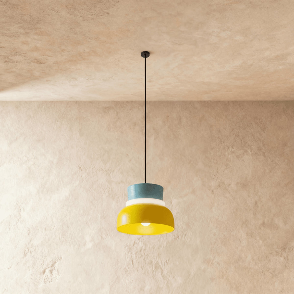 Modern Aluminum Pendant Light With Warm LED Glow for Dining Room in Blue and Yellow — James New York