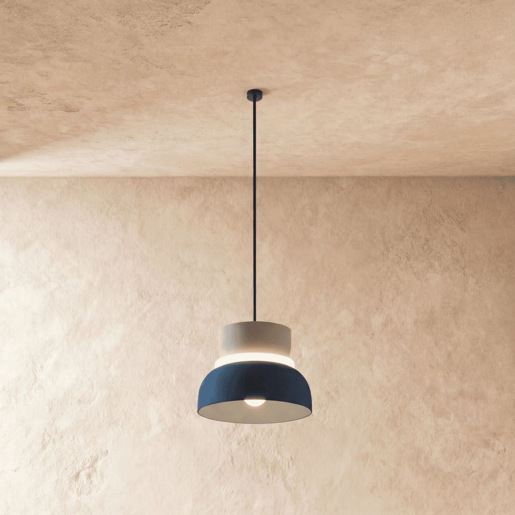 Modern Aluminum Pendant Light With Warm LED Glow for Kitchen in Gray and Navy — James New York