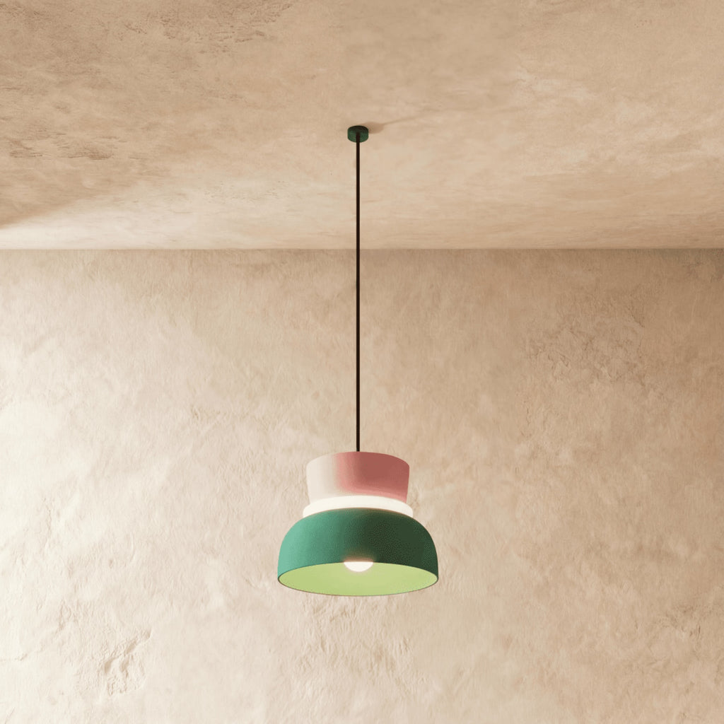 Modern Aluminum Pendant Light With Warm LED Glow for Kitchen in Pink and Green — James New York