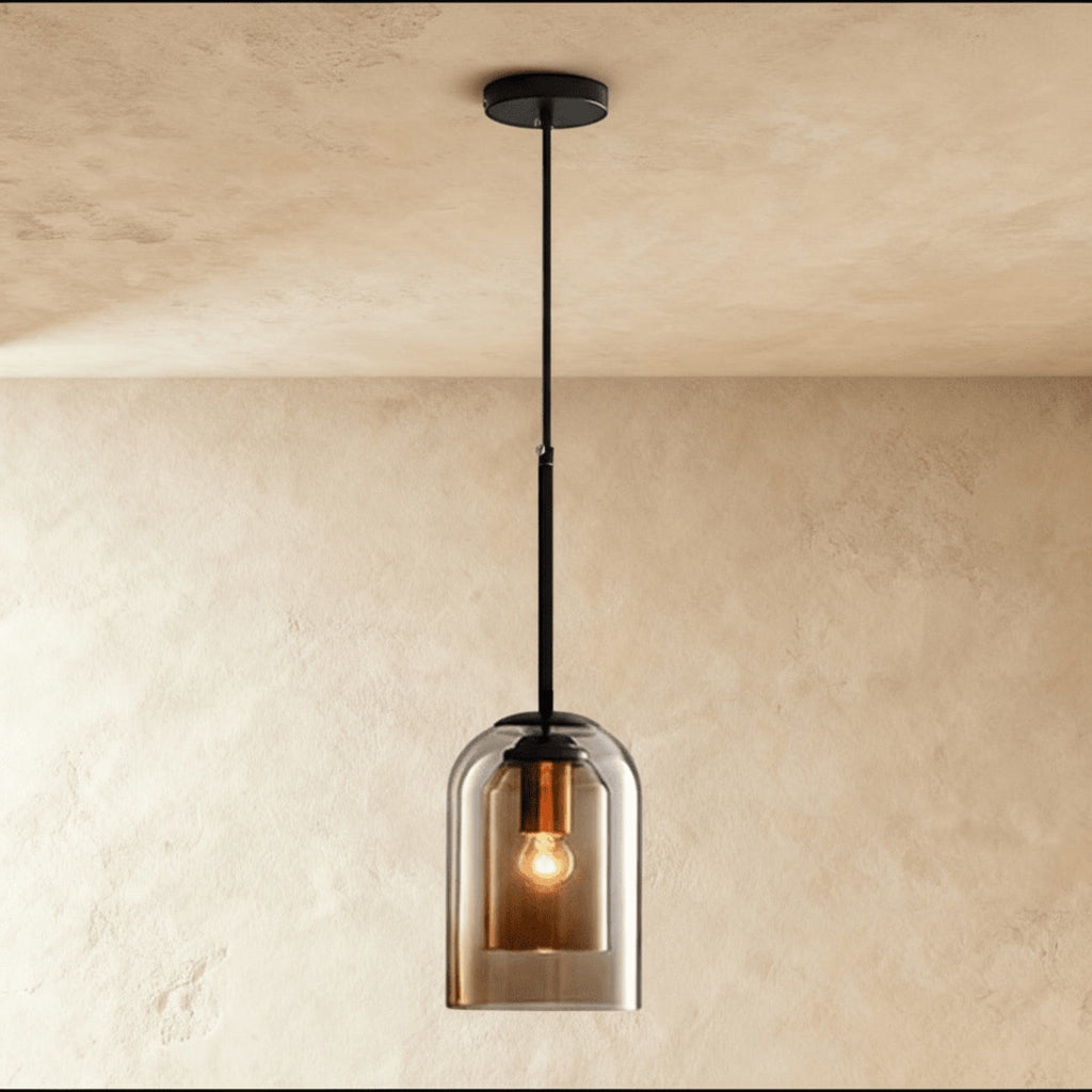 Modern Glass Pendant Light With Warm LED Glow for Dining Room in Amber — James New York