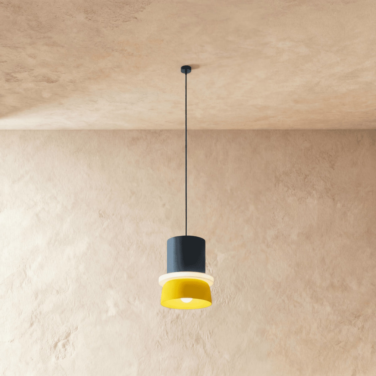 Modern Aluminum Pendant Light With Warm LED Glow for Kitchen in Navy and Yellow — James New York
