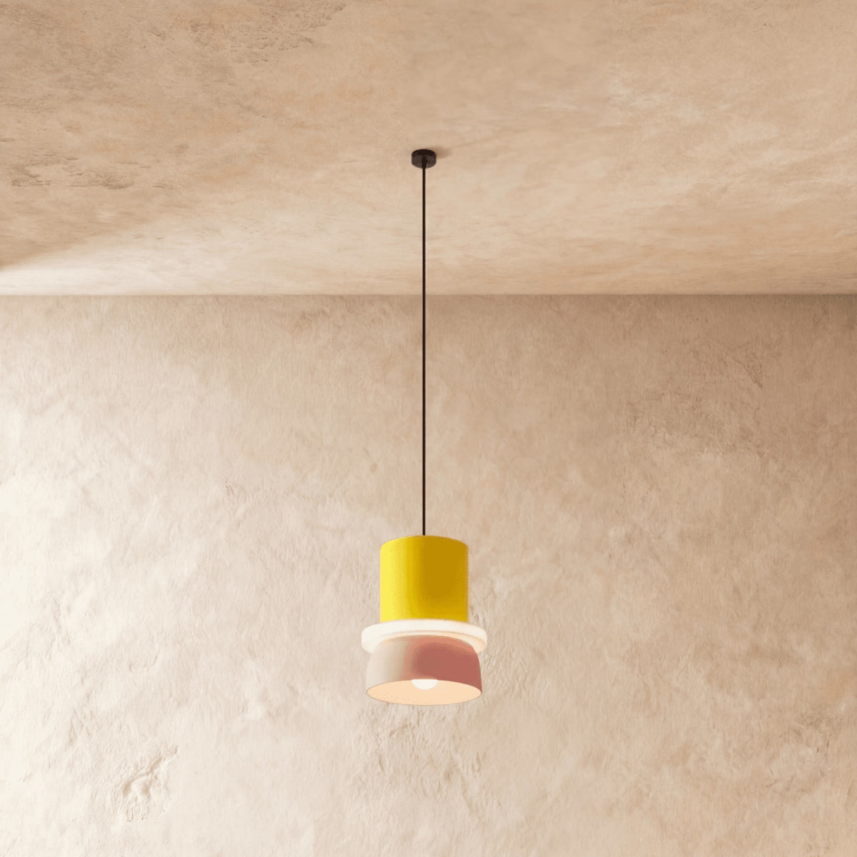 Modern Aluminum Pendant Light With Warm LED Glow for Dining Room in Yellow and Pink — James New York