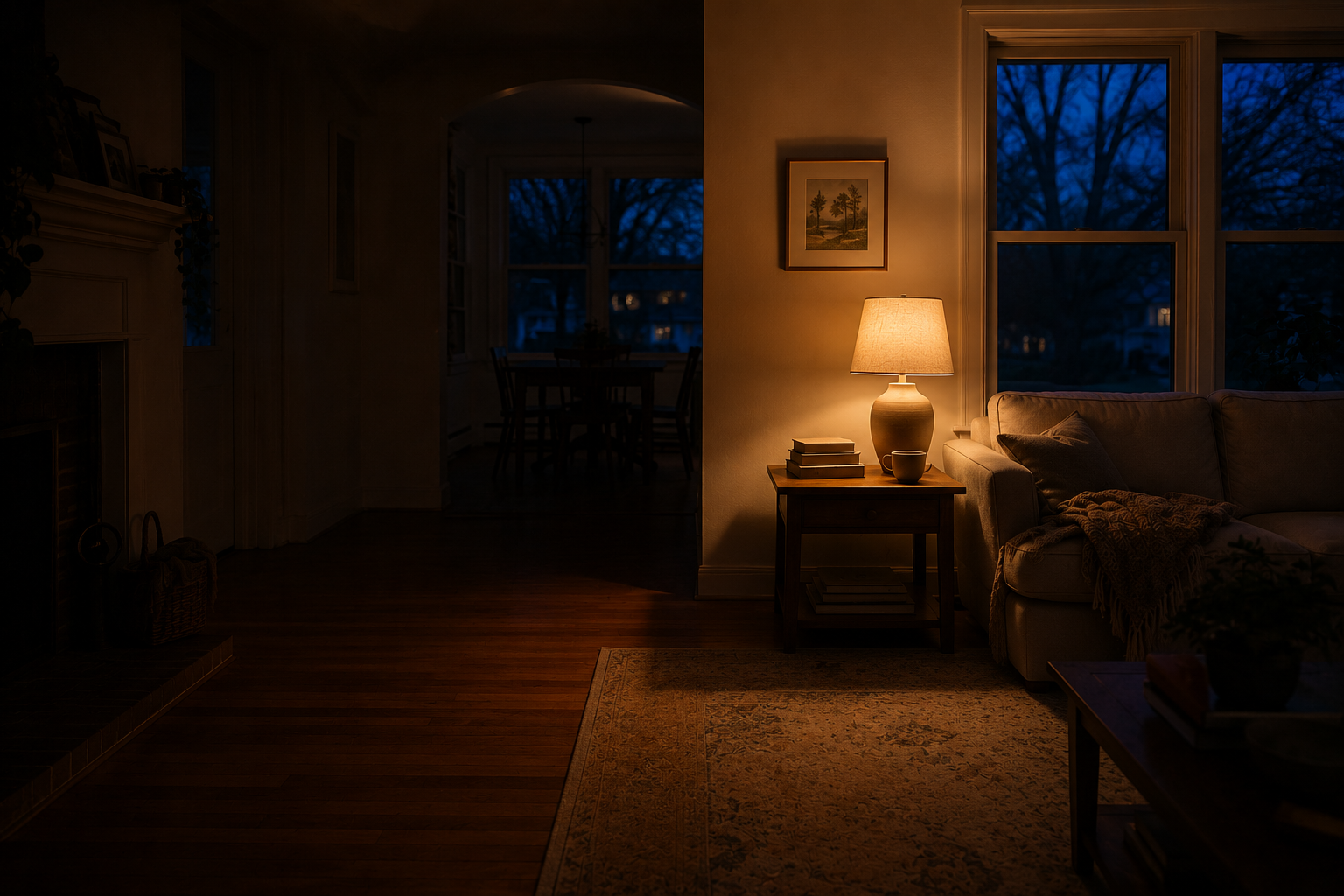 A table lamp switched on at dusk in a lived-in living room
